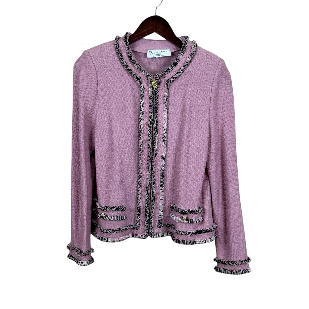 St John‎ Collection Jacket Rose Pink Multi Boucle Knit Fringed Jacket/Blazer